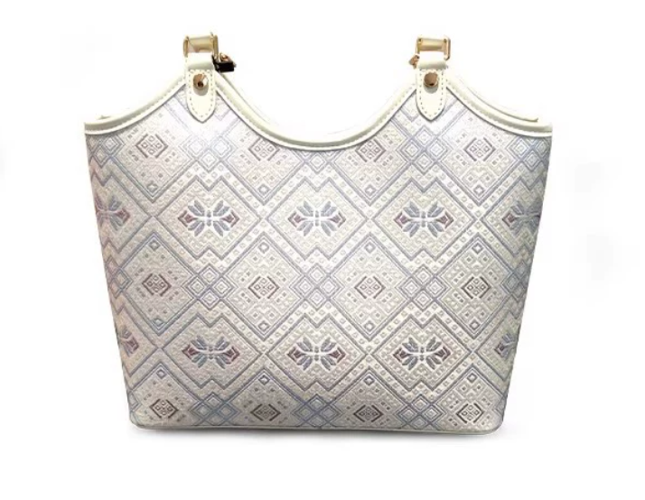 Silver White Butterfly Tote Bag | Zhuang Brocade | Handwoven | Butterfly Pattern