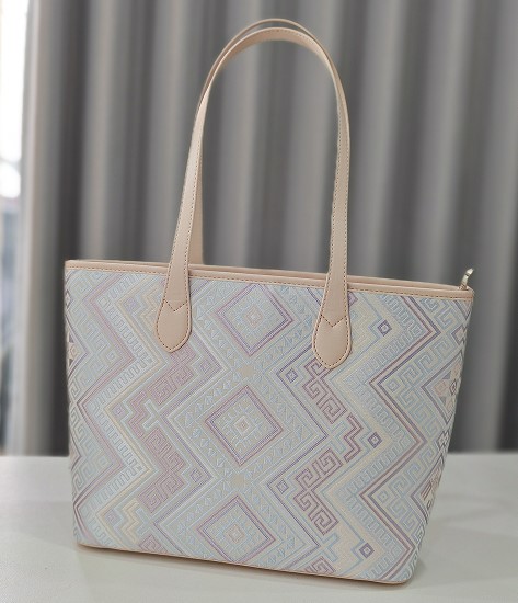Silver Purple Ethnic Geometric Large Tote Bag | Traditional Zhuang Brocade Bag