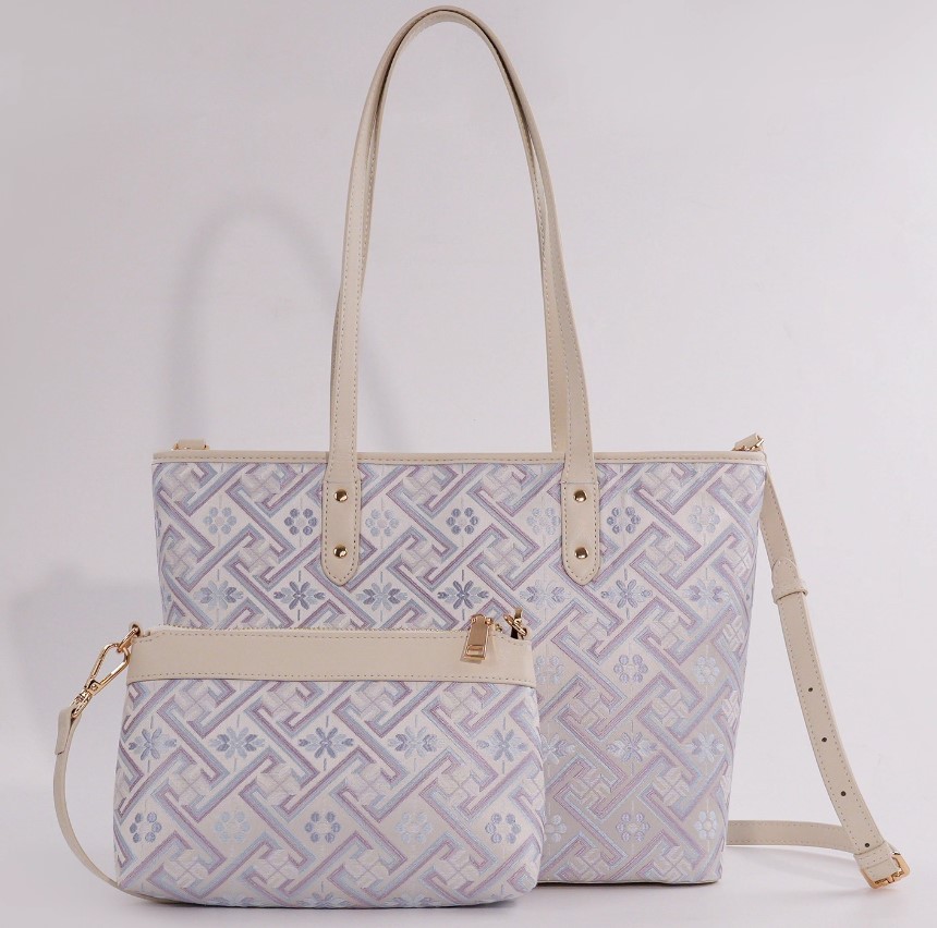 Silver Purple Wanji Pattern Medium Tote Bag with Pouch | Traditional Zhuang Brocade Bag