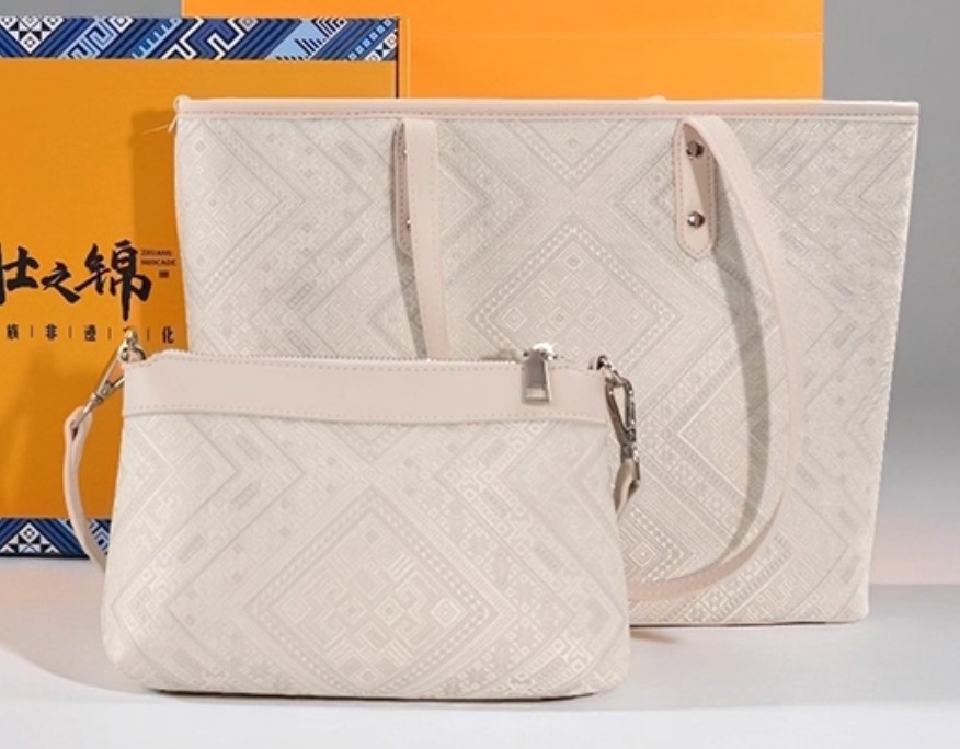 Elegant Pure White Medium Tote Bag with Pouch | Traditional Zhuang Brocade Bag