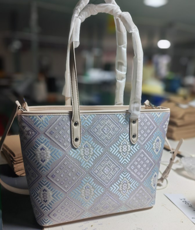 Silver Purple Phoenix Flower Large Tote Bag - Zhuang Brocade Artisan Bag