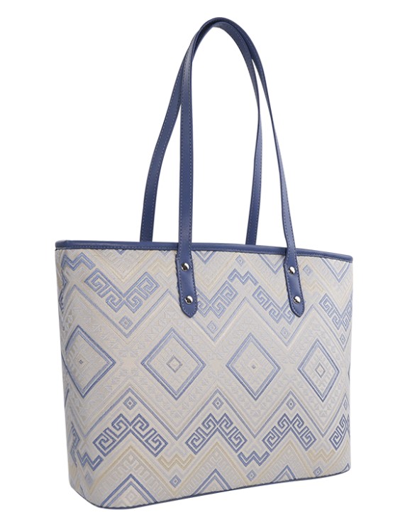 Blue White Geometric Large Tote Bag - Traditional Zhuang Brocade Bag