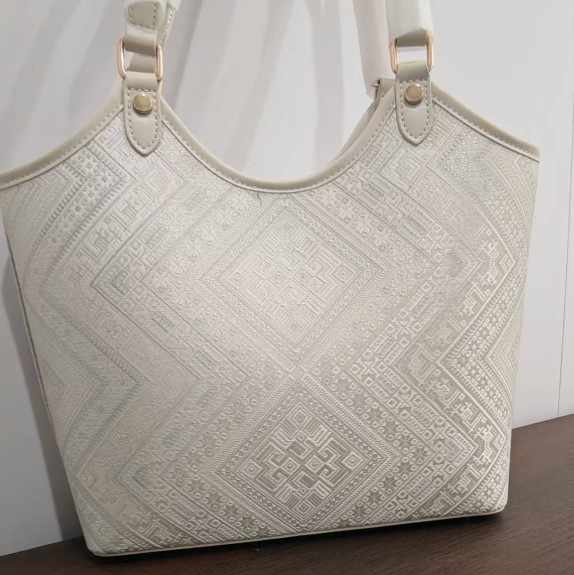 Pure White Geometric U-Shape Large Tote Bag - Traditional Zhuang Brocade Bag